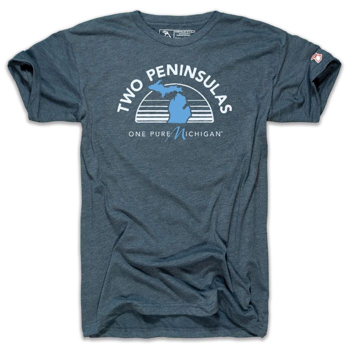 Short sleeved T-Shirt that reads "Two Peninsulas, One Pure Michigan"