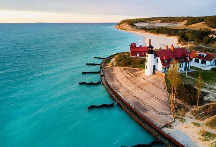 Point Betsie Lighthouse on shore of Lake Michigan