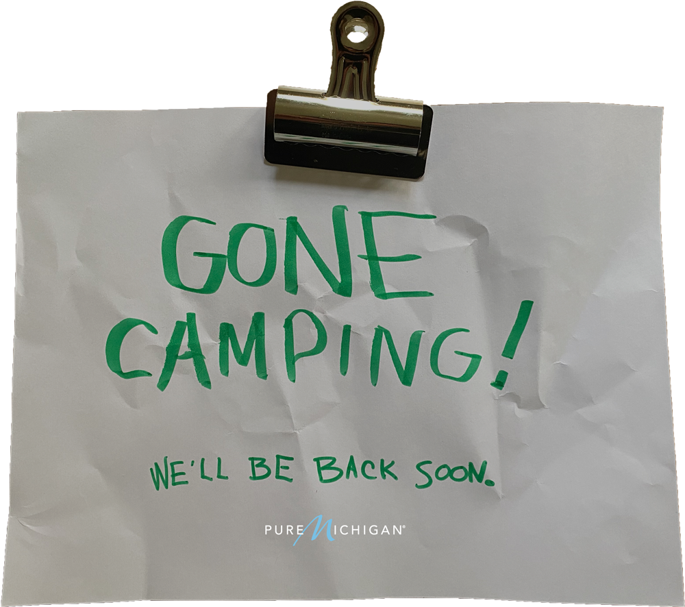 Graphic design that reads "Gone Camping. We'll be back soon."