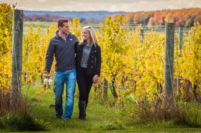 Couple walking in vineyard in Traverse City