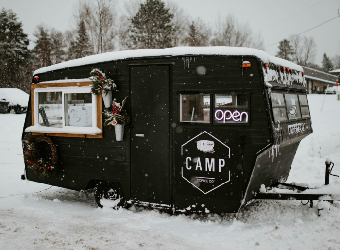 Camp Coffee Co truck in snow.